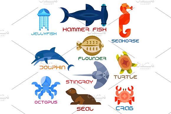 Cartoon marine animals icons cover image.