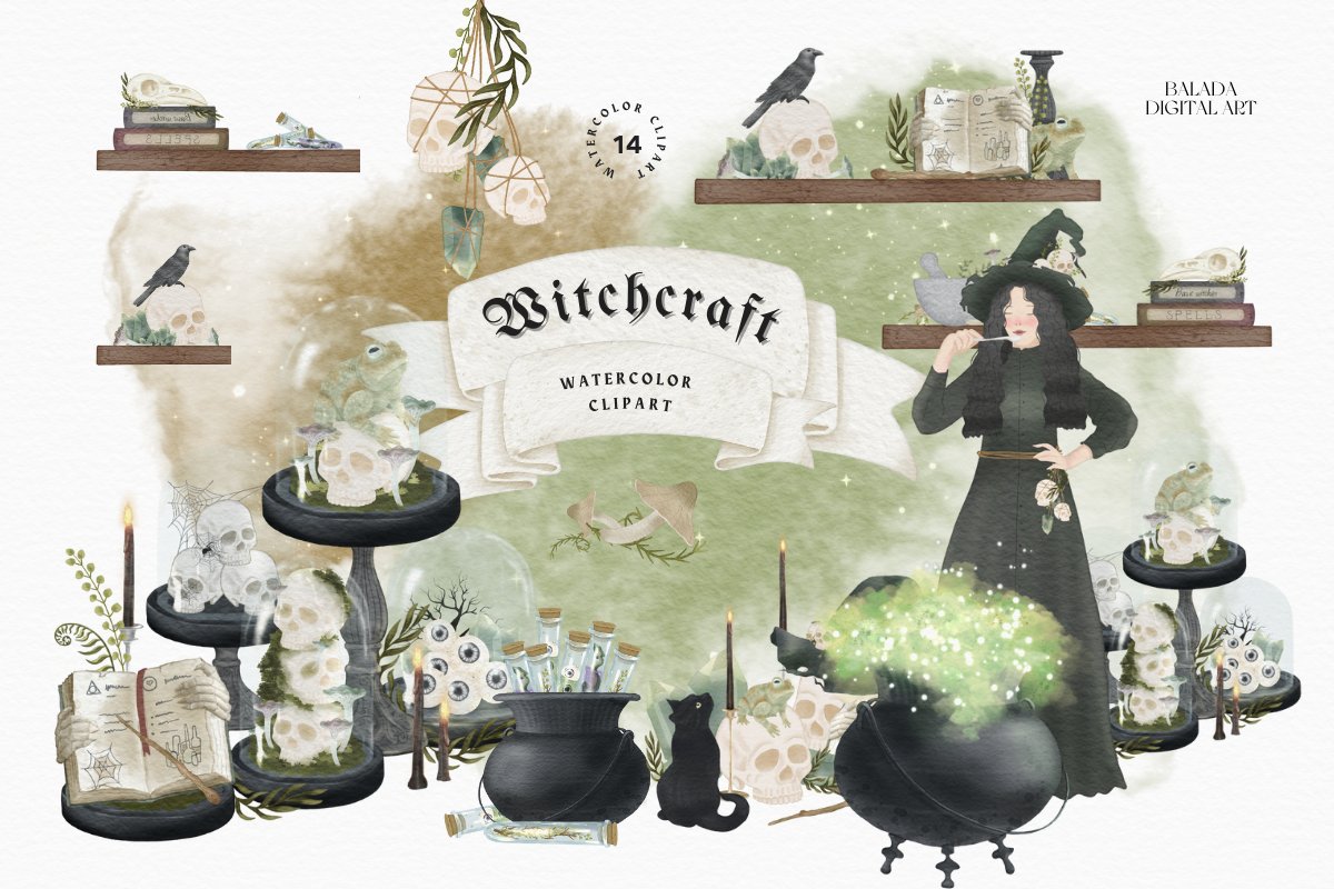 Watercolor Halloween Magic Witch Png cover image.