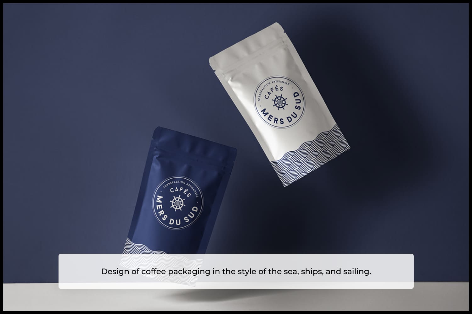 Design of coffee packaging in the style of the sea, ships, and sailing.