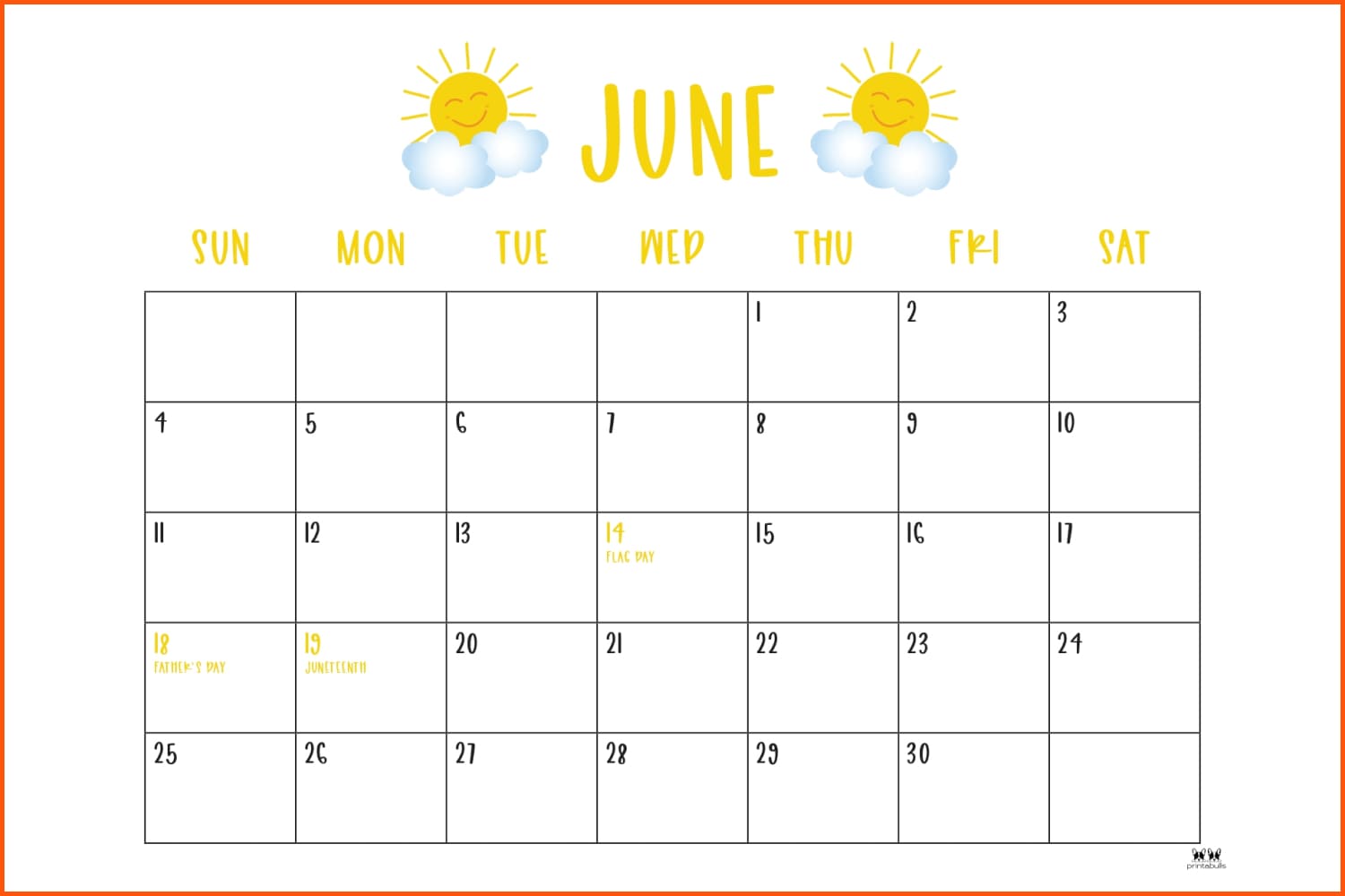 June calendar with a pattern of two suns on the clouds.