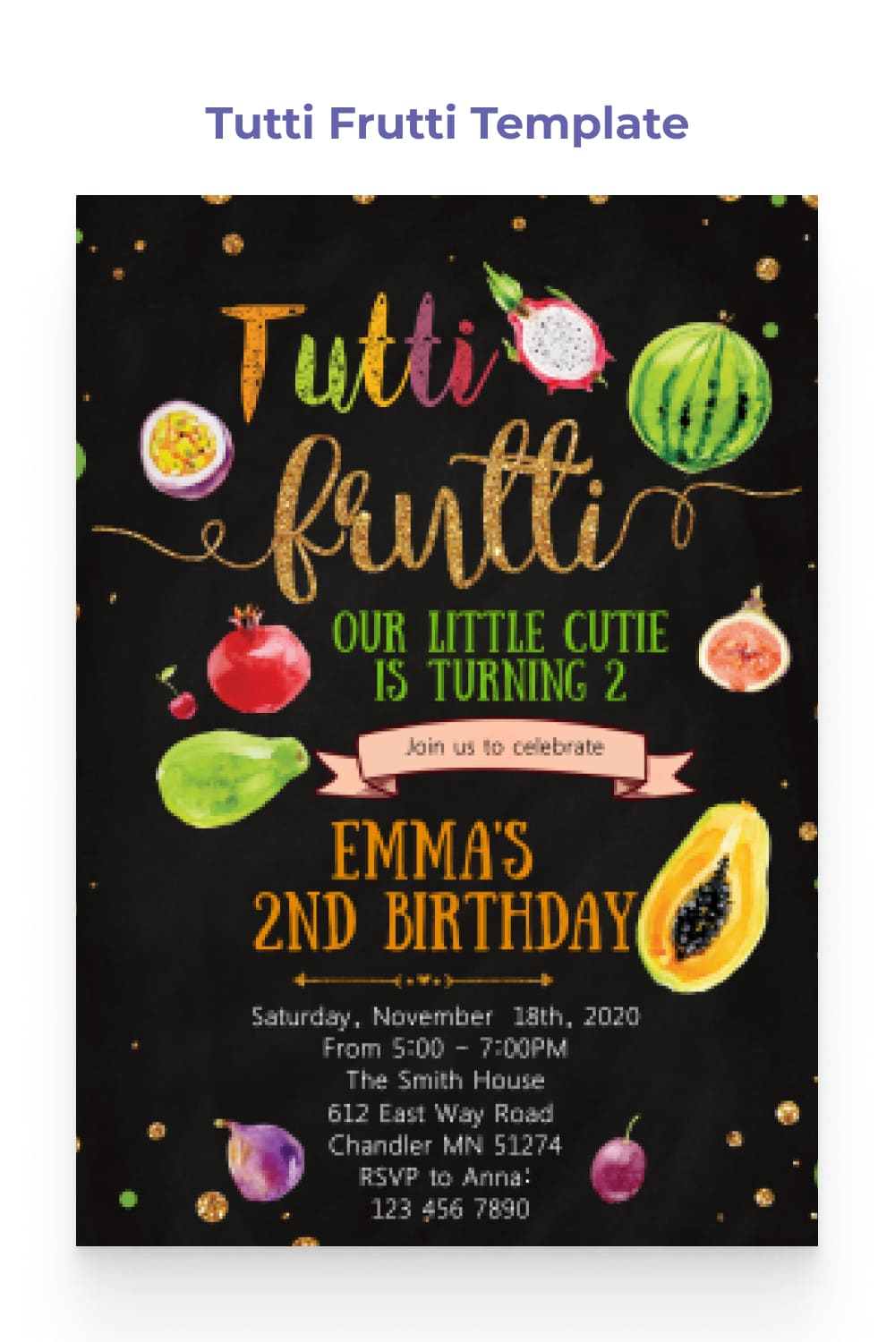 Birthday invitation with black background and fruit images.