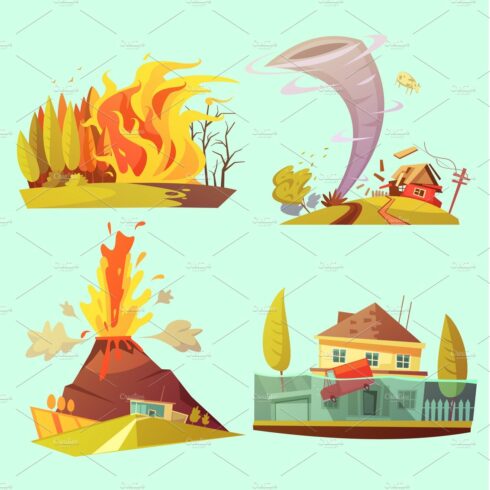 Natural disaster retro cartoon icons cover image.