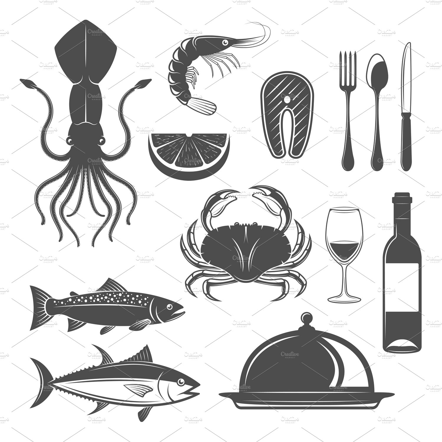 Seafood Monochrome Objects Set cover image.