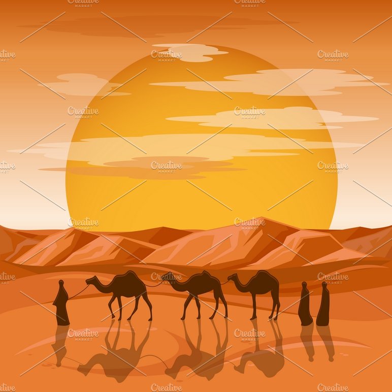 Caravan in desert background cover image.