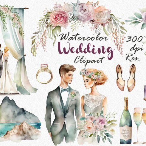 Watercolor Wedding Clipart cover image.