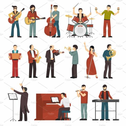 Colored musicians figures icons cover image.