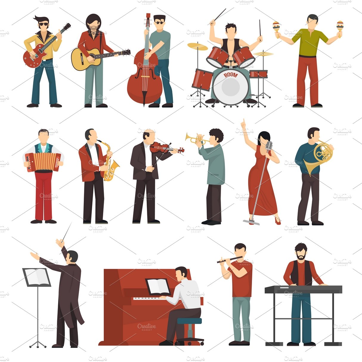 Colored musicians figures icons cover image.