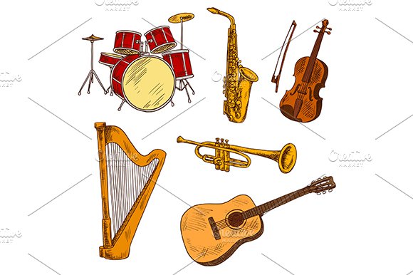 Musical instruments color sketches cover image.