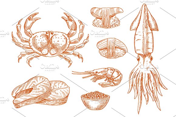 Seafood sketches set cover image.