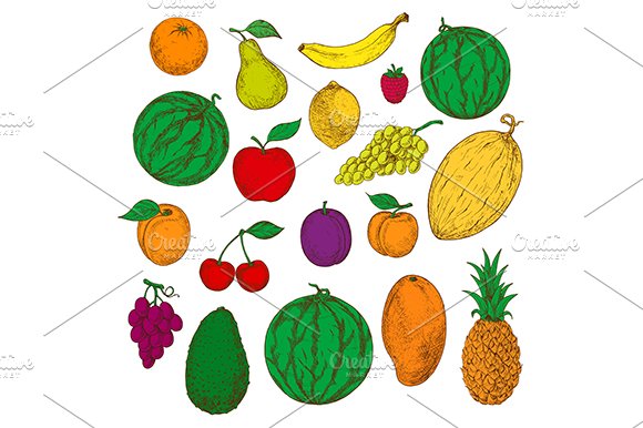 Flavorful tropical fruits sketches cover image.