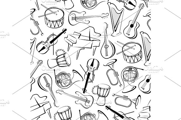 Outlined musical instruments pattern cover image.