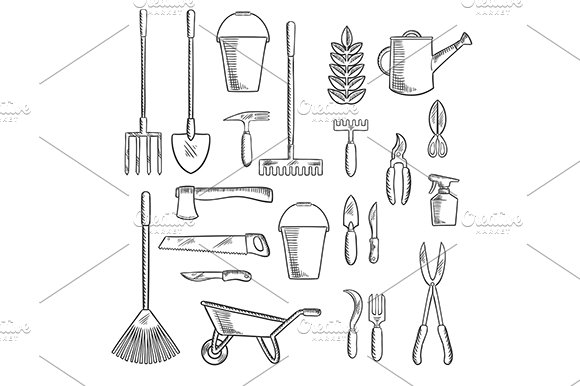 Gardening hand tools sketches cover image.