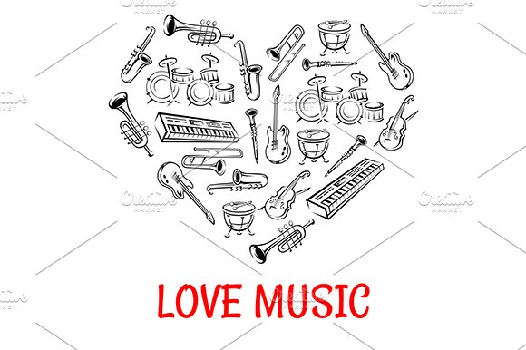 Heart shape with musical instruments cover image.