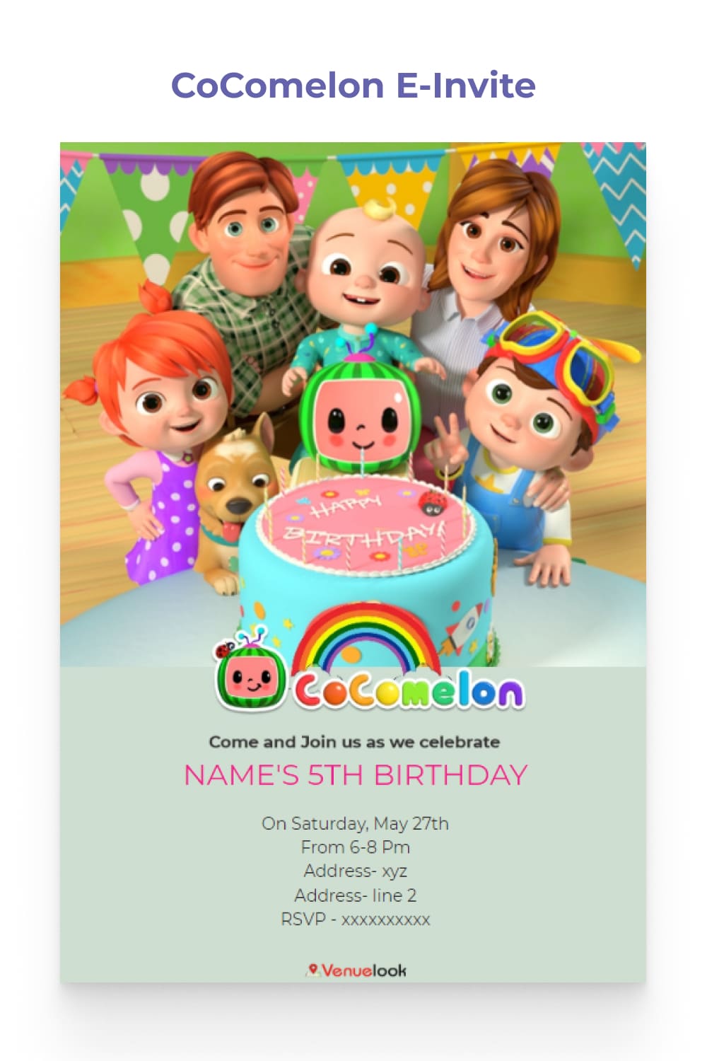 Birthday invitation with drawings of Cocomelon characters.