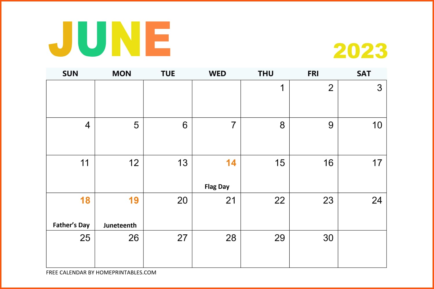June calendar with holidays.