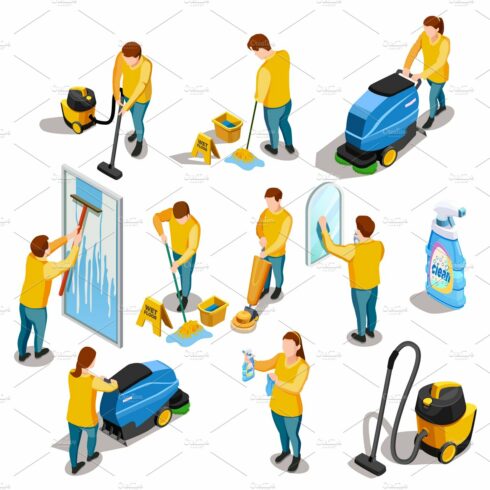 Cleaning people isometric icons set cover image.