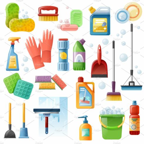 Cleaning products supply icons cover image.