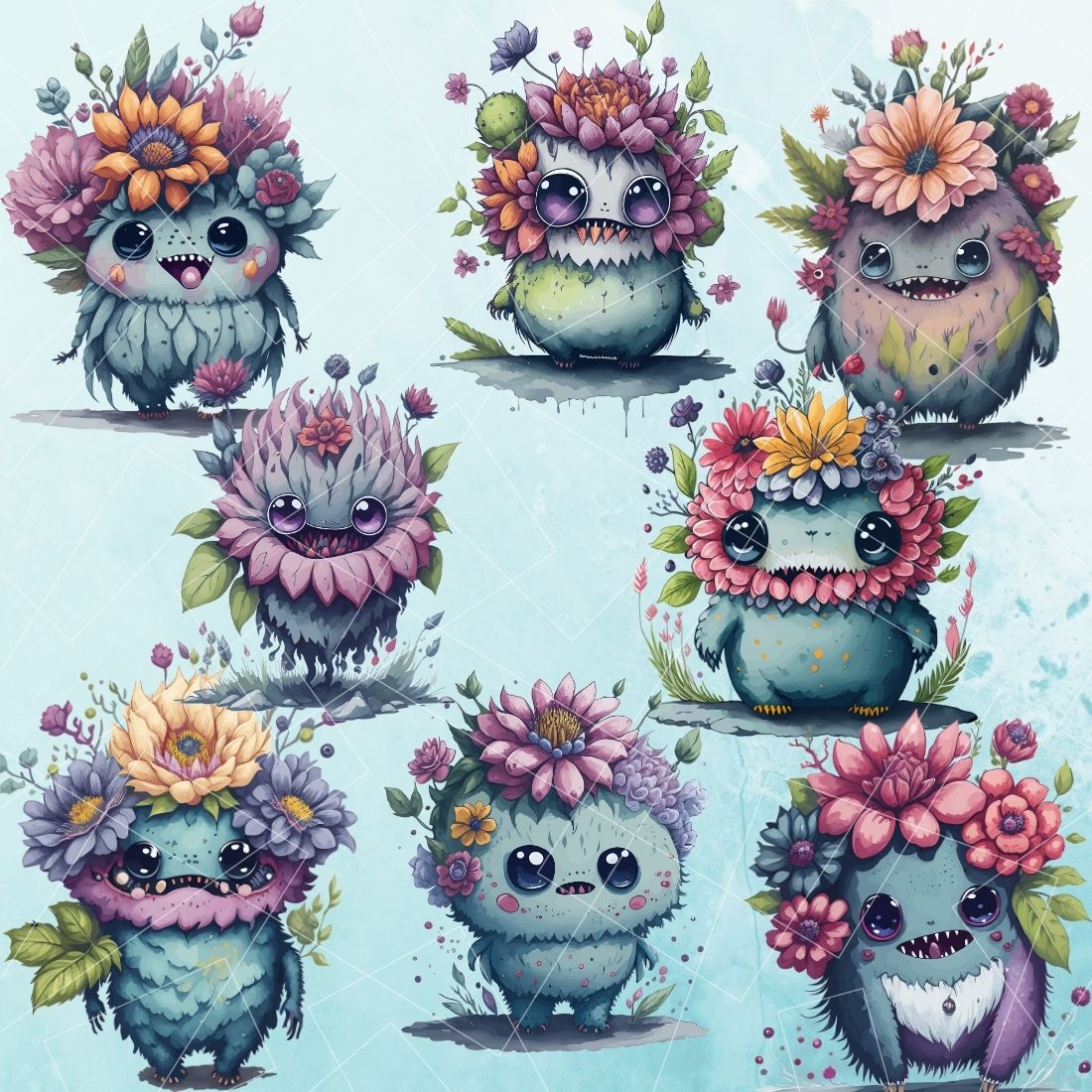 Watercolor Flower Monster Clipart preview image.