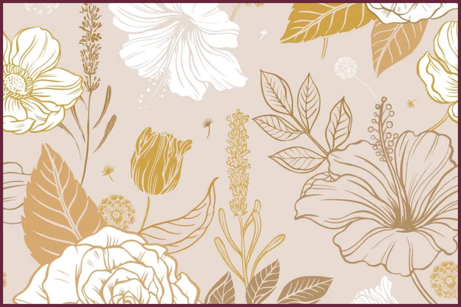 Elegant pattern with golden flowers filled with retro style.