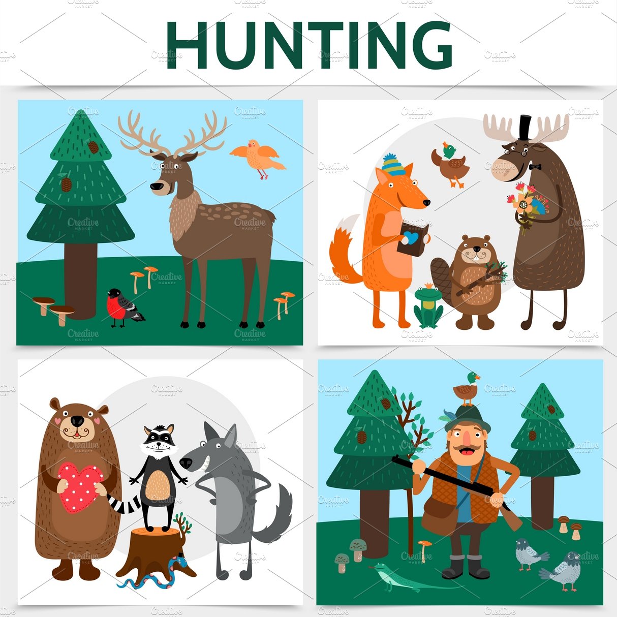 Flat colorful hunting concept cover image.