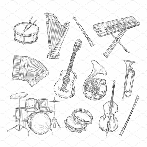 Sketch musical instruments. Drum cover image.