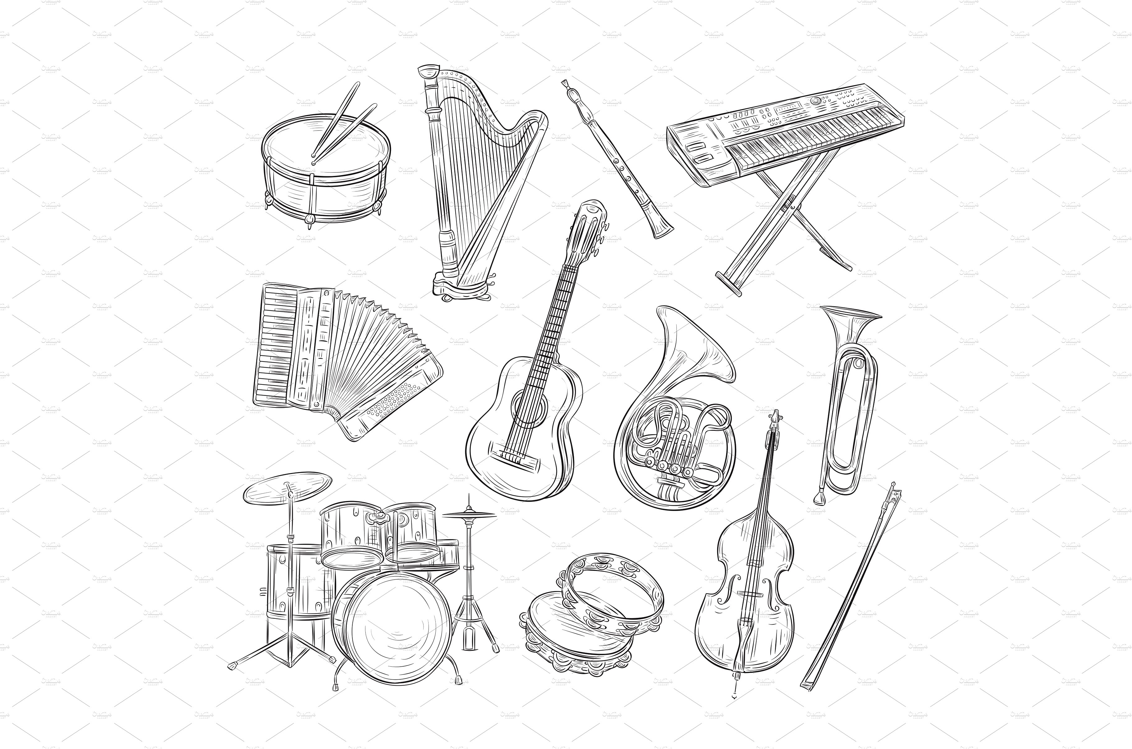 Learn music doodle set. Collection of sketches templates patterns of woman  girl teenager musician learns song lessons and playing guitar musical  instrument. Creative occupation and getting knowledge. 23817324 Vector Art  at Vecteezy