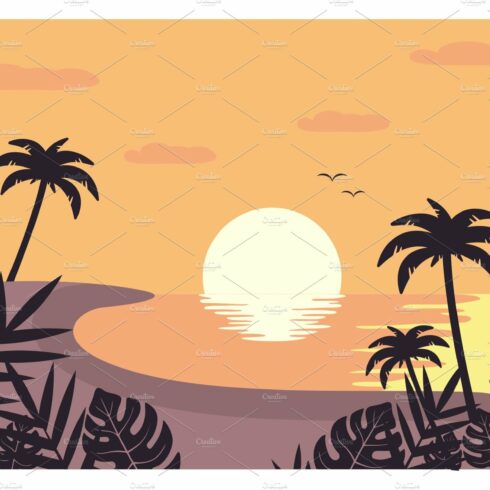 Sunset beach flat design background cover image.
