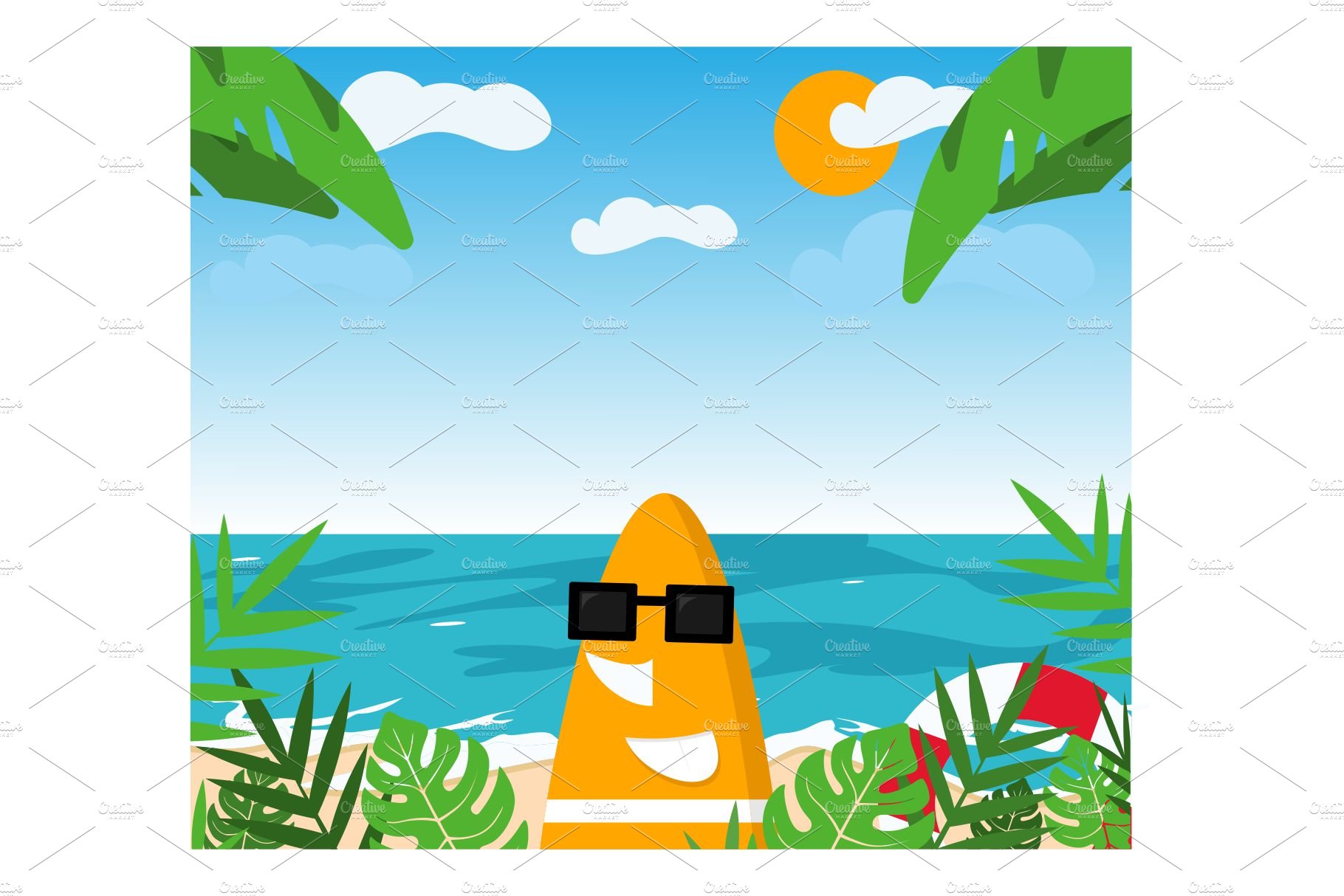 Sunset beach background flat design cover image.