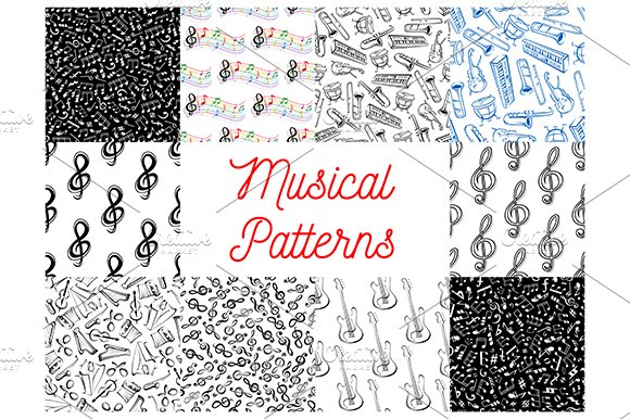 Musical notes, instruments patterns cover image.