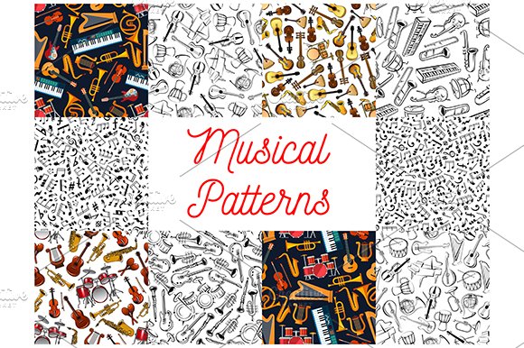 Musical instruments, notes patterns cover image.