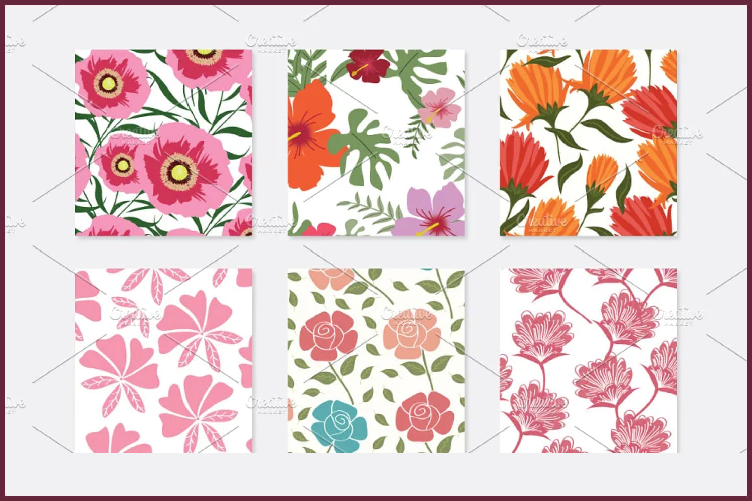 Collage of patterns with colorful flowers.