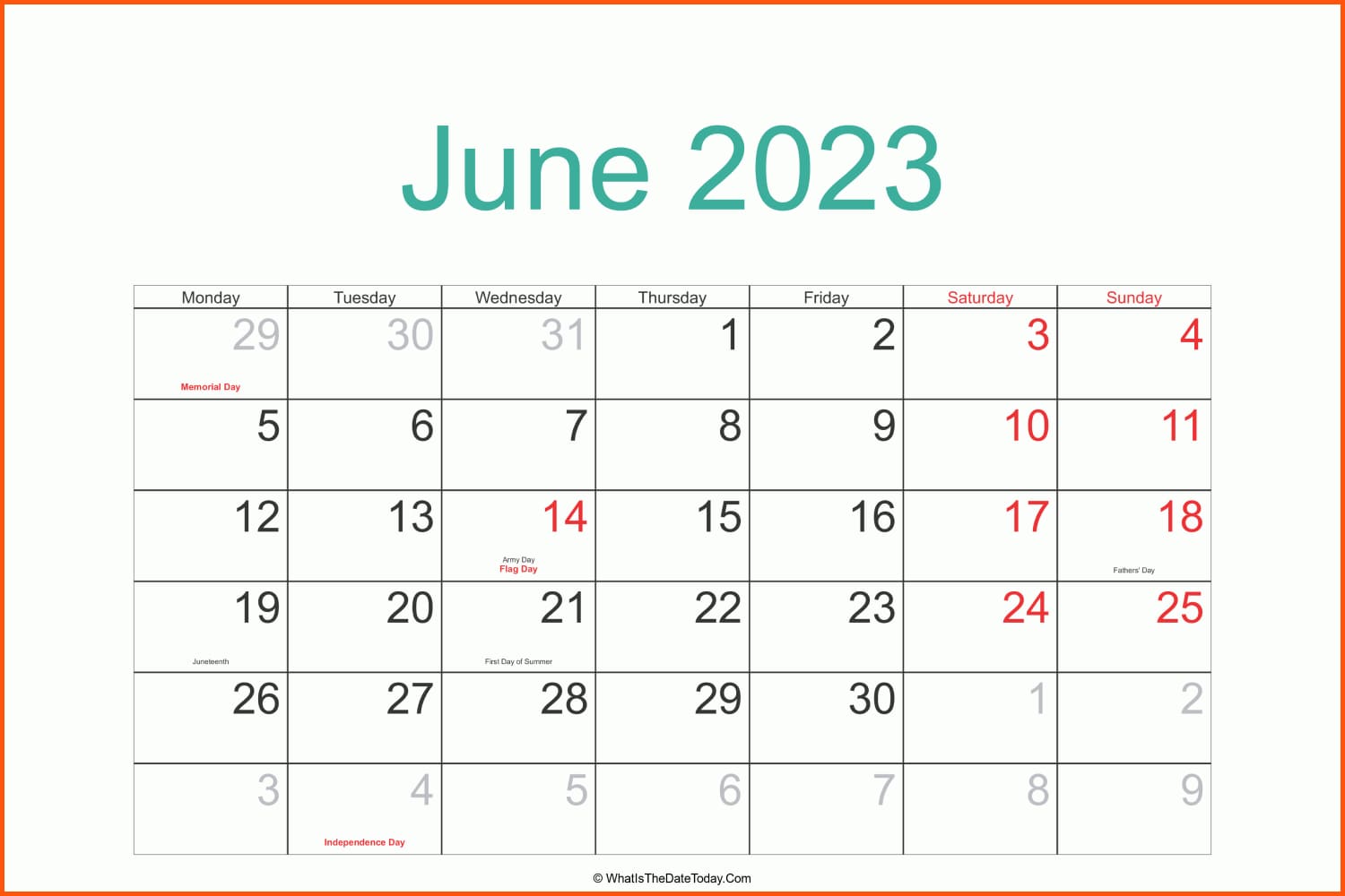 June calendar with holidays and major dates.