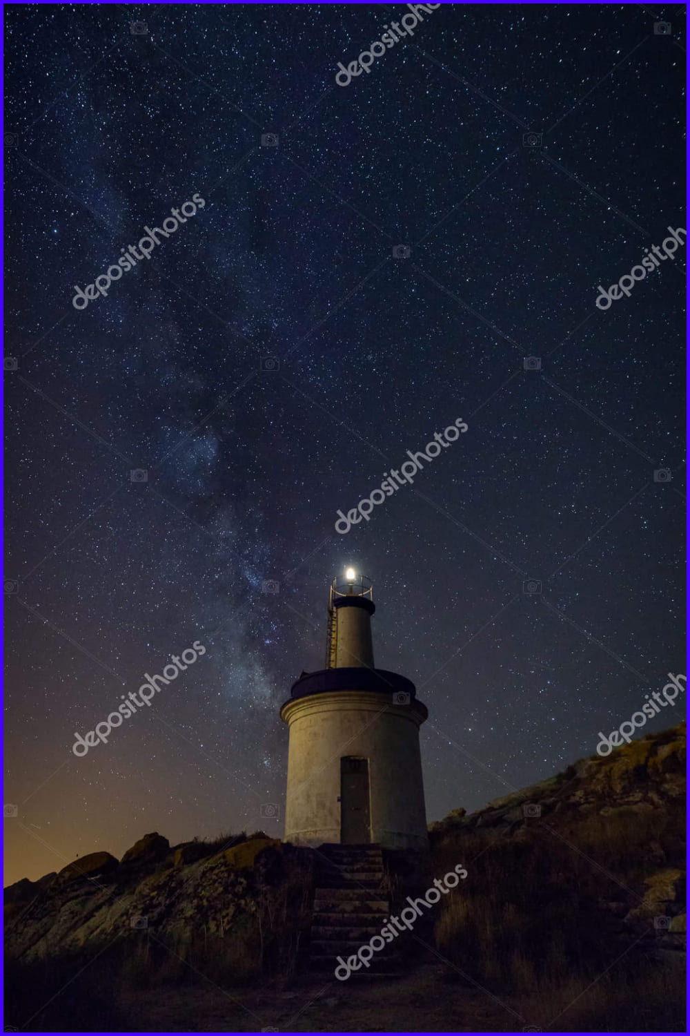 View of the lighthouse at night on the Sais Islands. Atlantic Islands National Park, Spain.