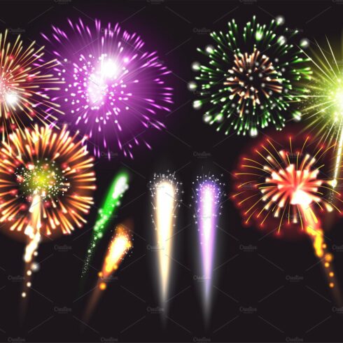 Realistic fireworks icon set cover image.