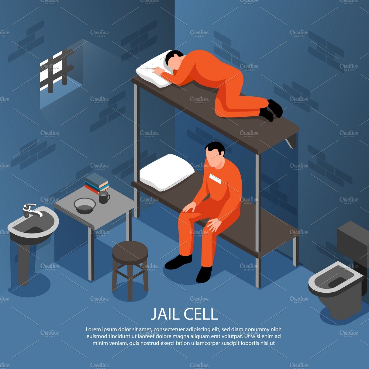 Jail cell isometric illustration cover image.