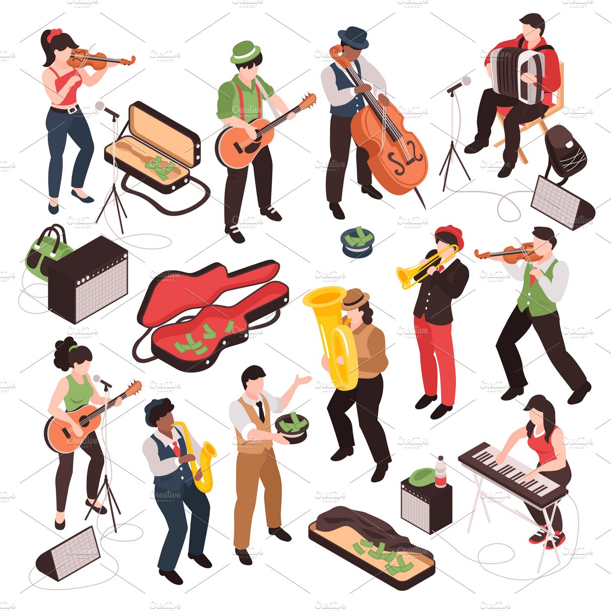 Isometric street musician set cover image.