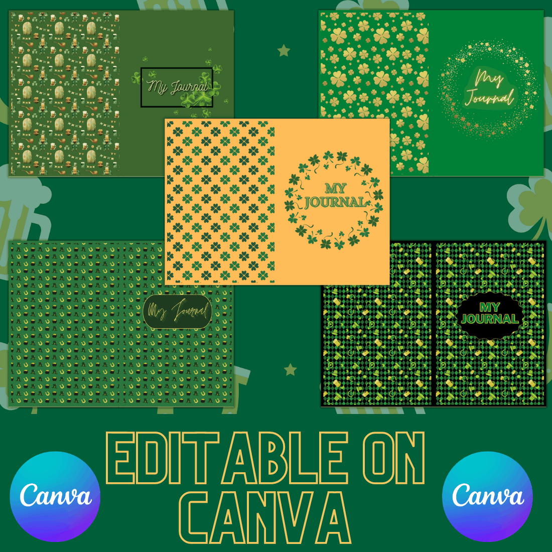 5 STPatrick’s Day Themed Editable KDP Cover templates (6”x9”),120 Pages |Editable with Canva (No Canva Pro Required) | KDP Approved | preview image.