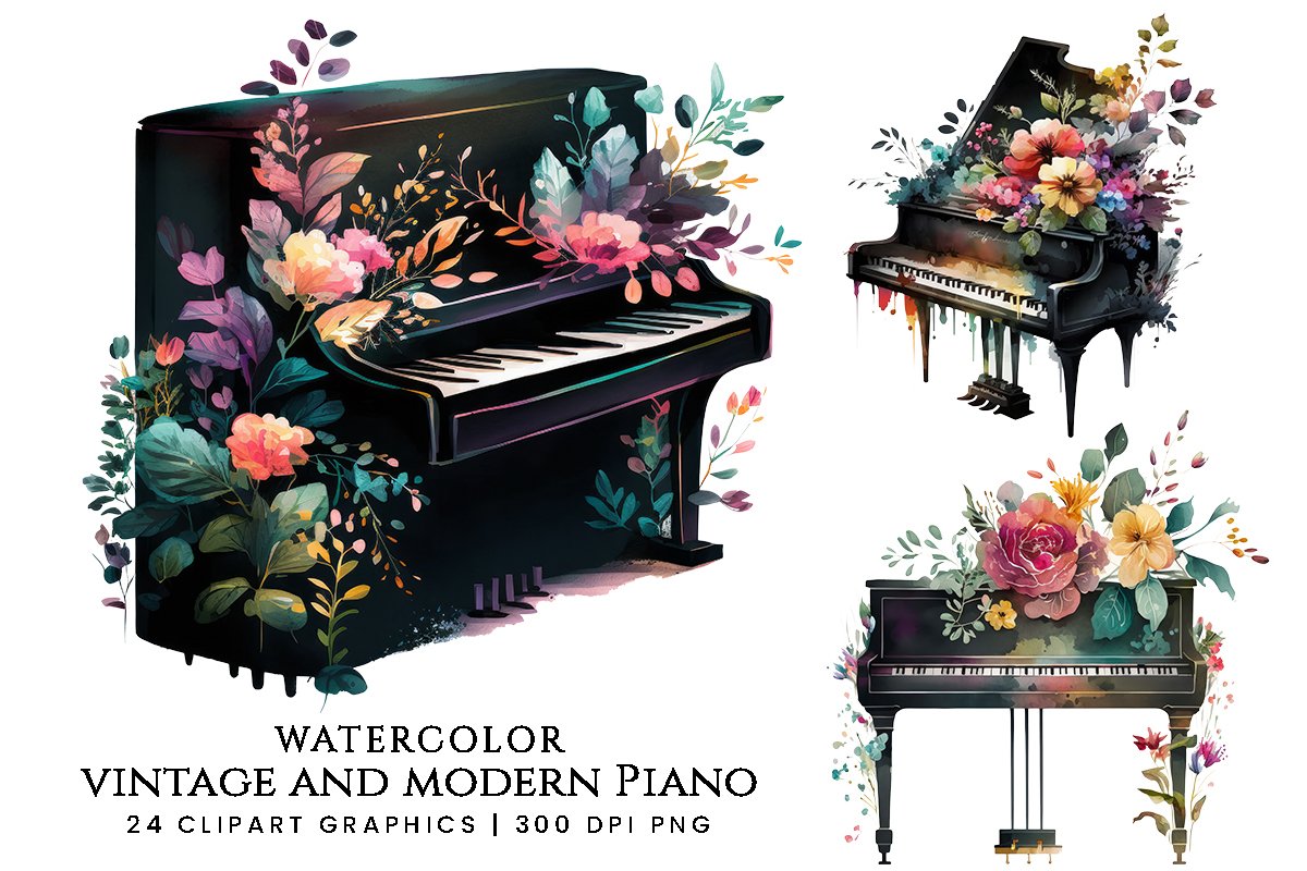 Watercolor Vintage Piano Clipart cover image.