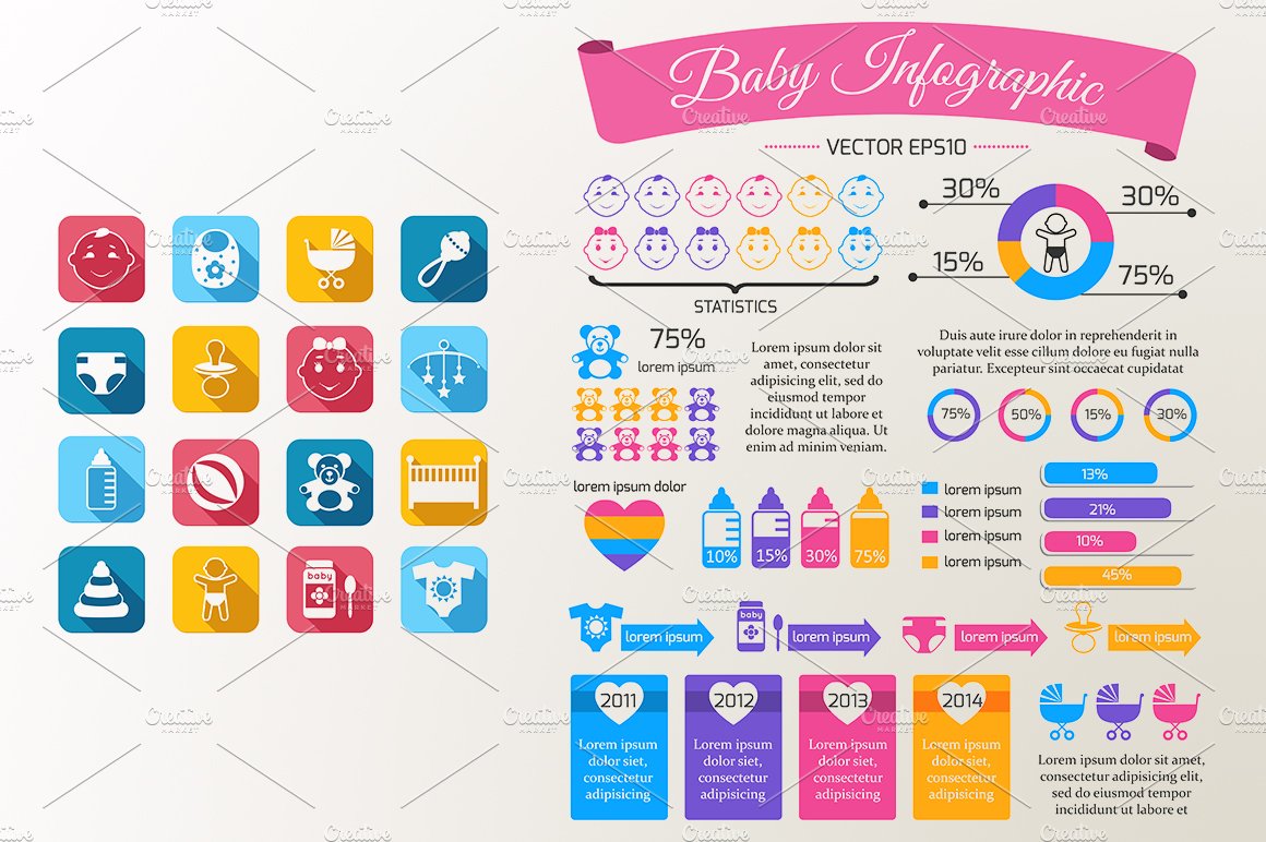 Baby infographics and vector icons preview image.