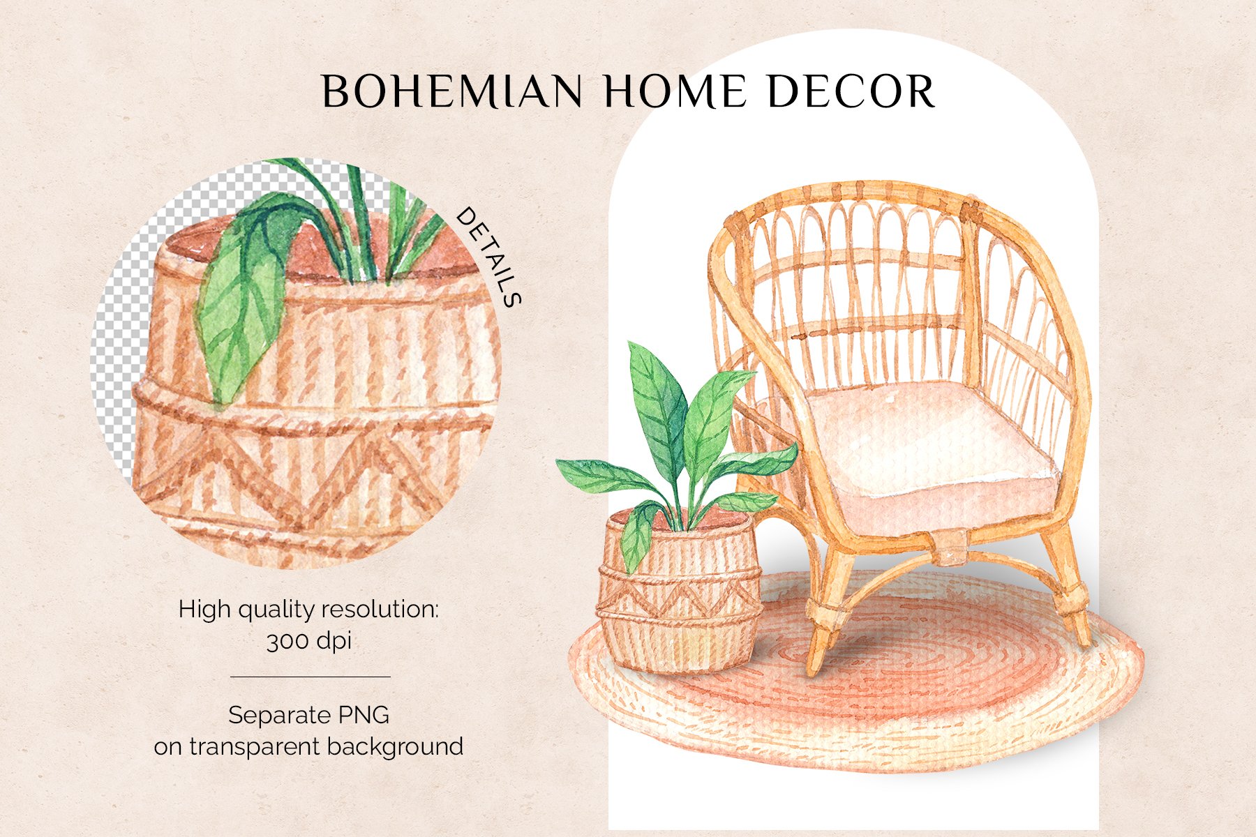 Bohemian Home Set Watercolor clipart preview image.