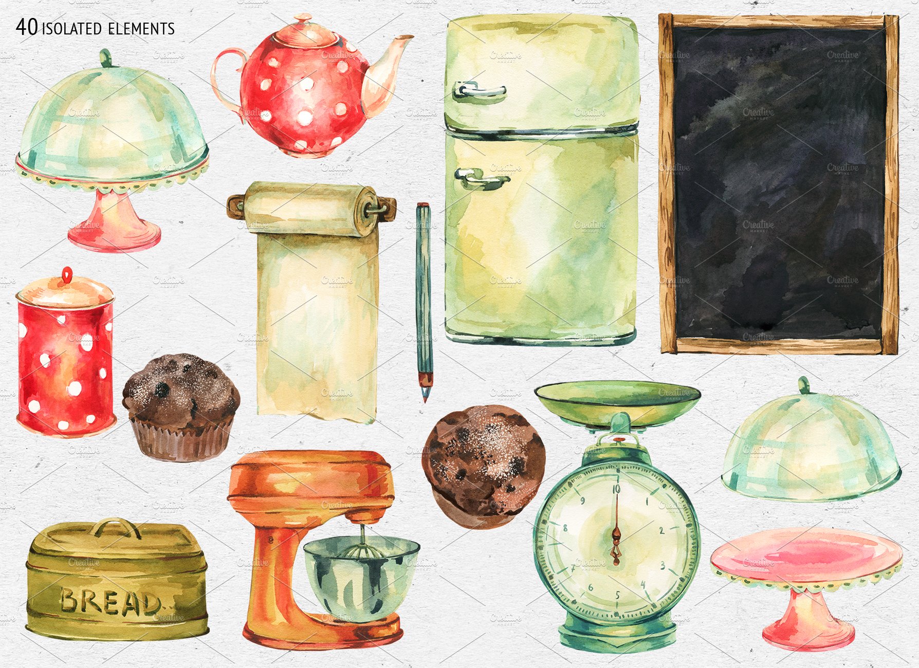Watercolor kitchen utensils clipart preview image.