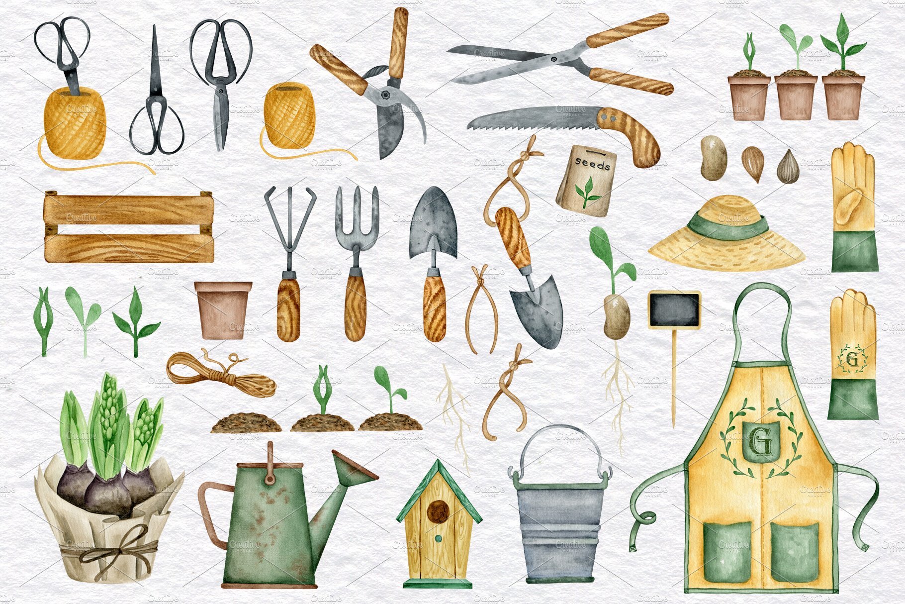 Vintage watercolor gardening tools preview image.
