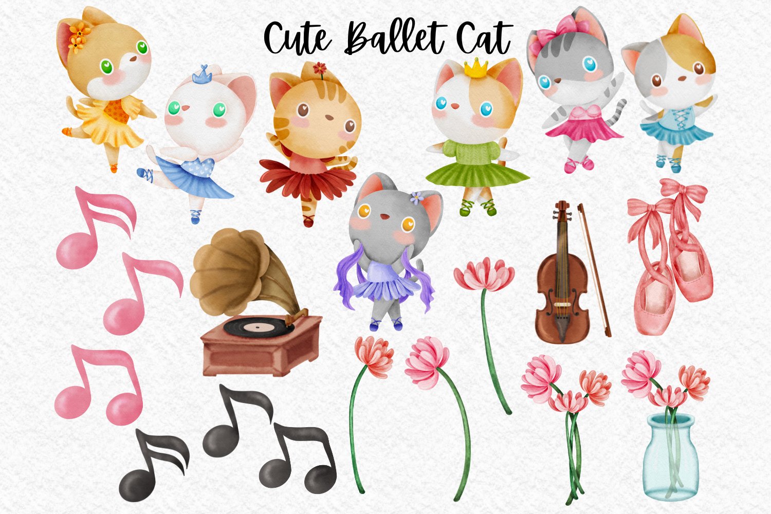 Cute Ballet Cat watercolor clipart preview image.