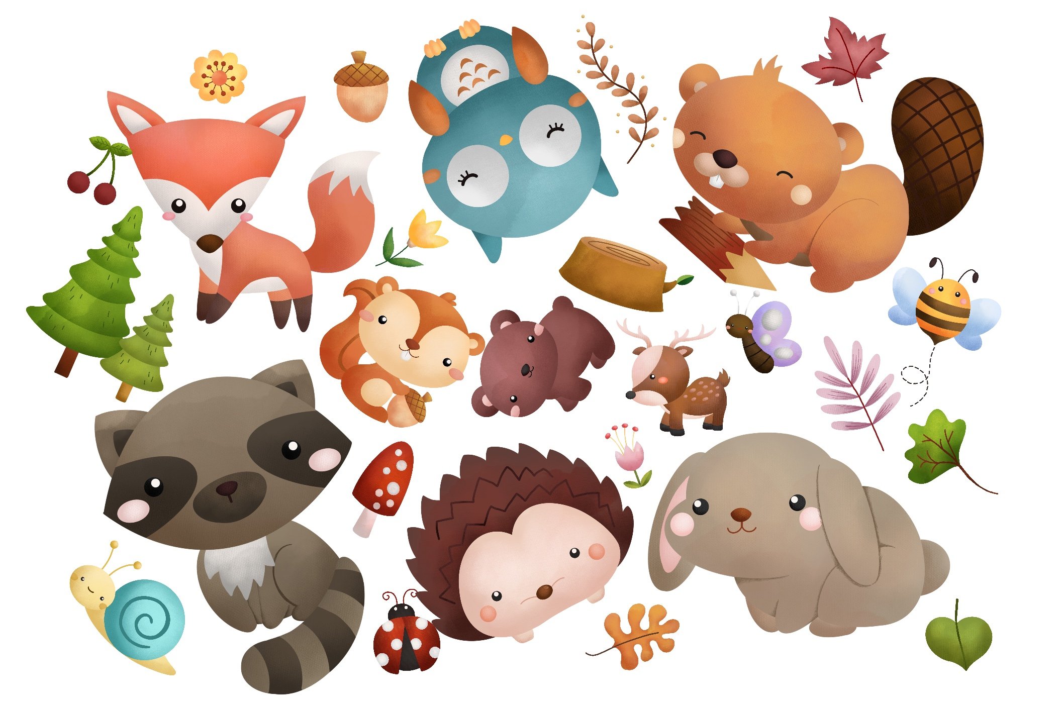 Watercolor Woodland Animals Clipart preview image.