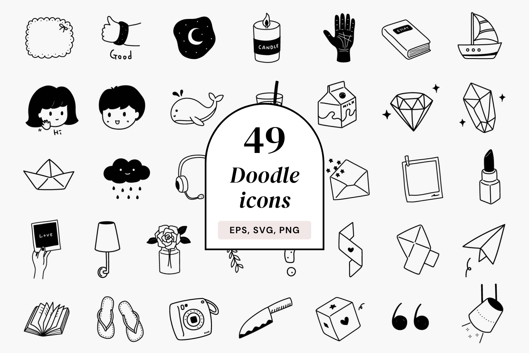 49 black and white doodle icons cover image.