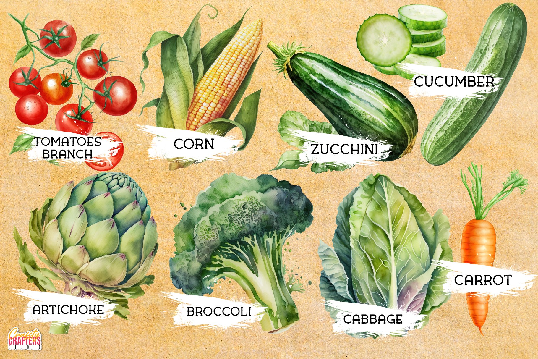 55 Vegetables Watercolor Clipart PNG preview image.