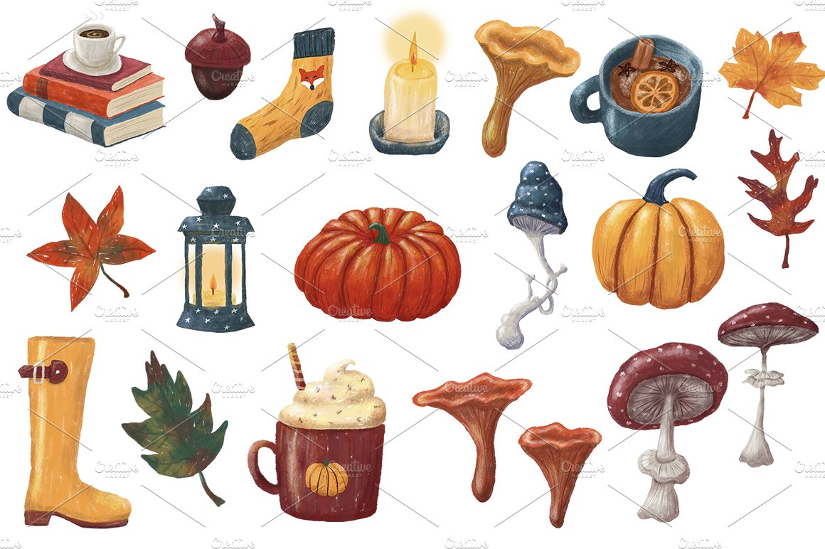 Cozy autumn cliparts, fall set, png preview image.