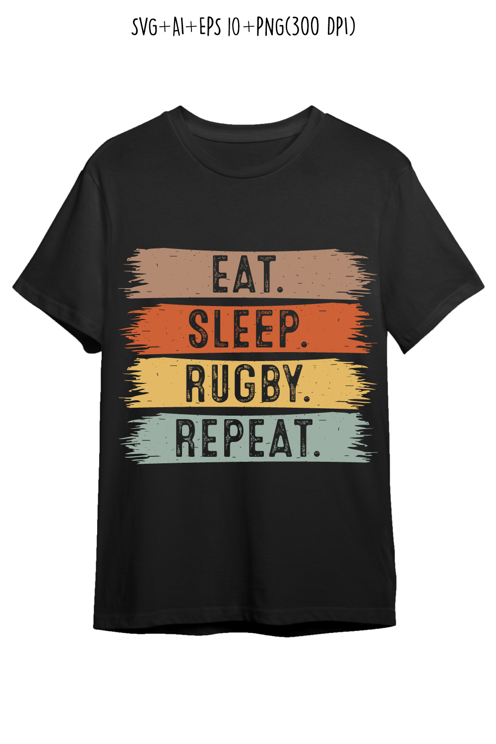 Eat Sleep Rugby Repeat typography outdoor game design for t-shirts, cards, frame artwork, phone cases, bags, mugs, stickers, tumblers, print, etc pinterest preview image.