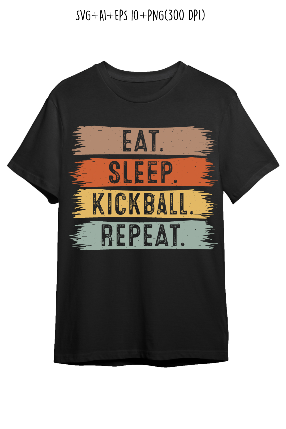 Eat Sleep Kickball Repeat typography outdoor game design for t-shirts, cards, frame artwork, phone cases, bags, mugs, stickers, tumblers, print, etc pinterest preview image.