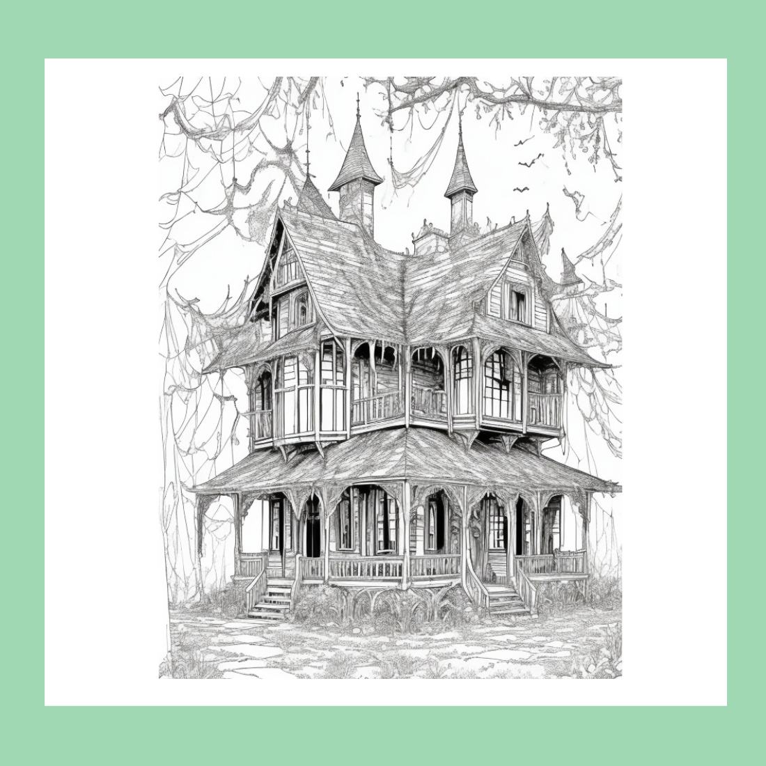 A haunted house with ghosts and cobwebs coloring page for adult 1 preview image.